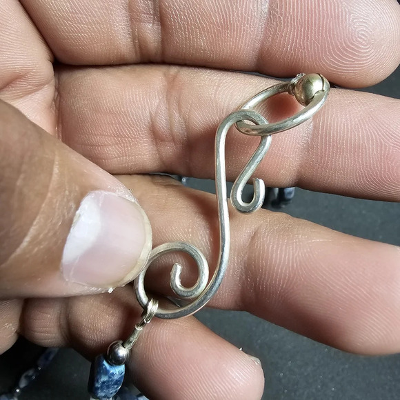 Blue Jasper Beaded Necklace With Silver Tone Greek Key Motif Center Bead 30 In o - Picture 8 of 8